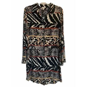 Tribal Jeans Boho Animal Print V-Neck Button Up Shirt Dress Long Sleeve Med